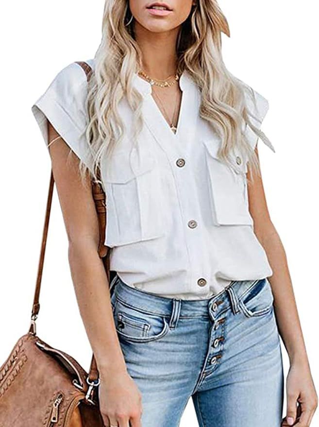 Womens Button Down Shirts Pocket Cap Sleeve Summer Blouse Military Utility Tops | Amazon (US)