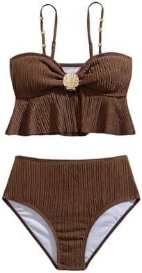 OYOANGLE Girl's Two Piece Metallic Shell Bikini Sets Cut Out Ruffle Top High Waist Hipster Swimsu... | Amazon (US)