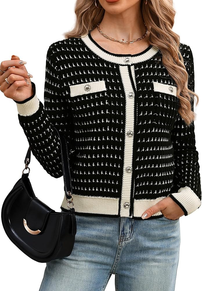 ELLEVEN Women's Cropped Tweed Knit Cardigan Sweater,Trendy Open Front Button Up Long Sleeve Cardi... | Amazon (CA)