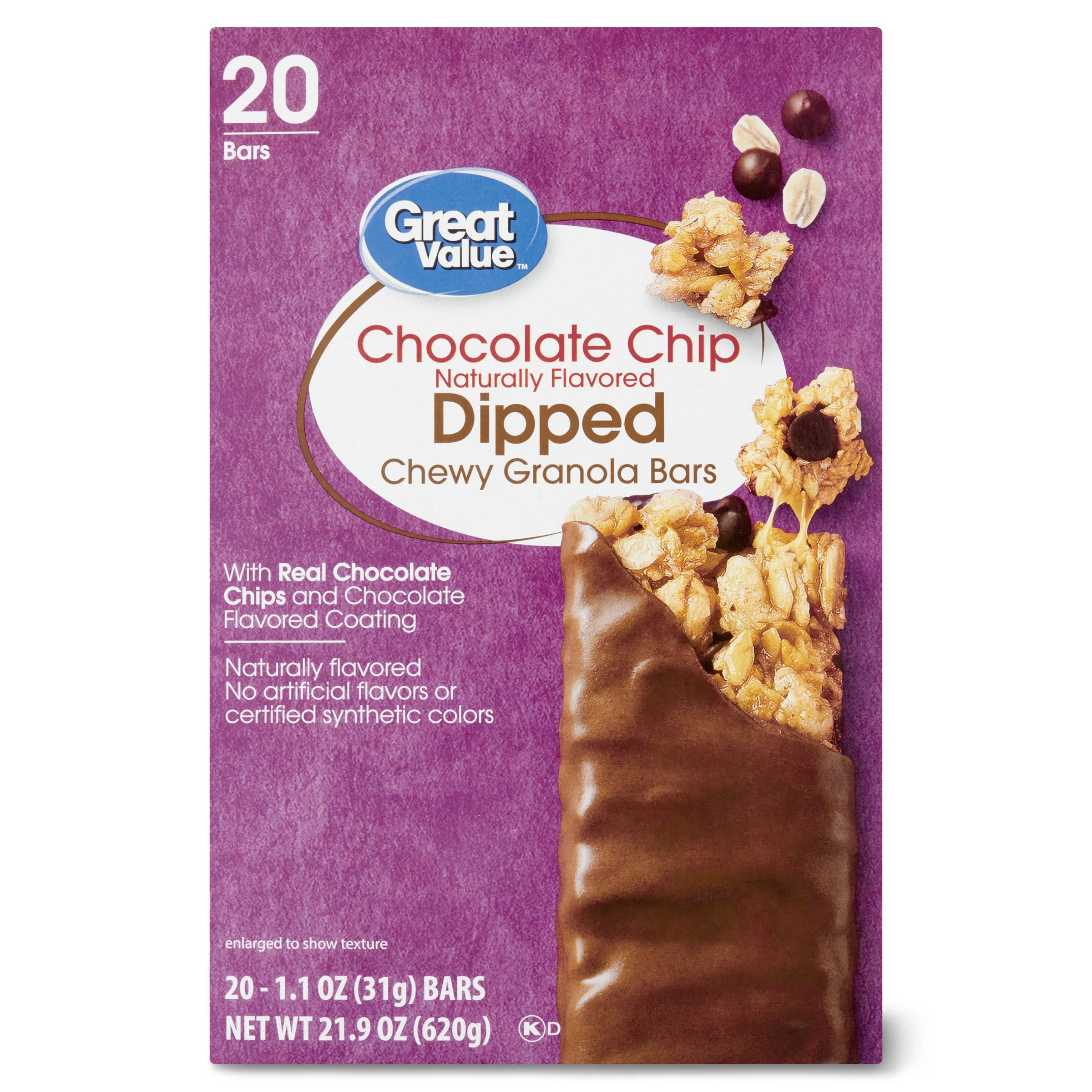Great Value Chocolate Chip Dipped Chewy Granola Bars Value Pack, 1.1 oz, 20 Count - Walmart.com | Walmart (US)