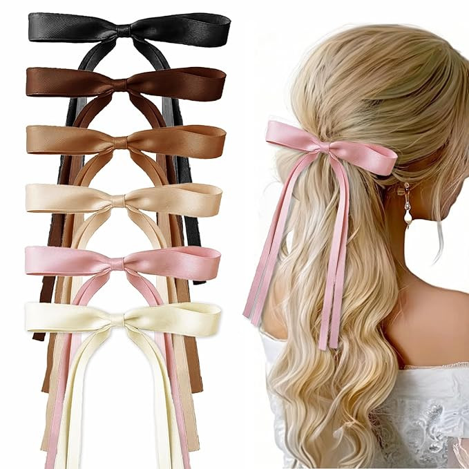 Silk Satin Hair Bow Set - 6 PCS Hair Ribbon Clips and Ties, Pastel Bows Bulk for Women, Teens, an... | Amazon (US)