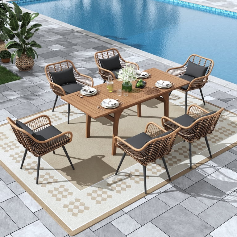 Outdoor Dining Set for 6, Extendable Wooden Table with Wicker Patio Chairs, 7-Piece Patio Outdoor... | Walmart (US)
