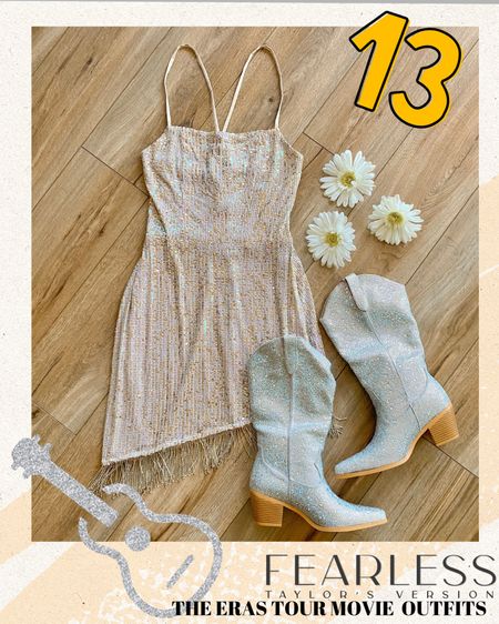 Eras tour movie outfit. Fearless era outfit. Gold sparkly dress. Sparkly cowboy boots. Taylor swift movie outfits. 

#LTKSeasonal #LTKparties #LTKHalloween