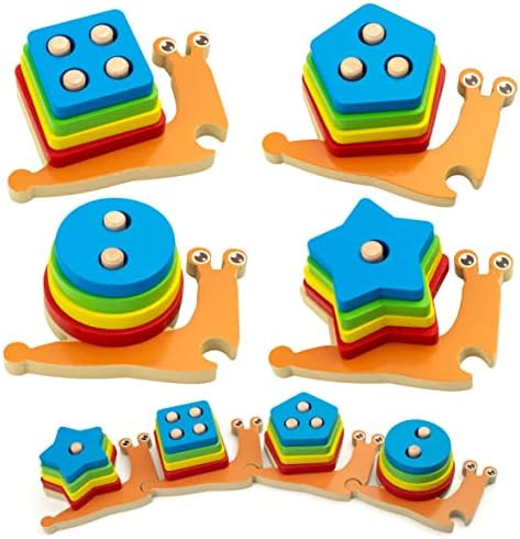 Coogam Montessori Toy for Toddler, Wooden Snail Stacking Sorter Set Geometric Color Shape Block F... | Amazon (US)