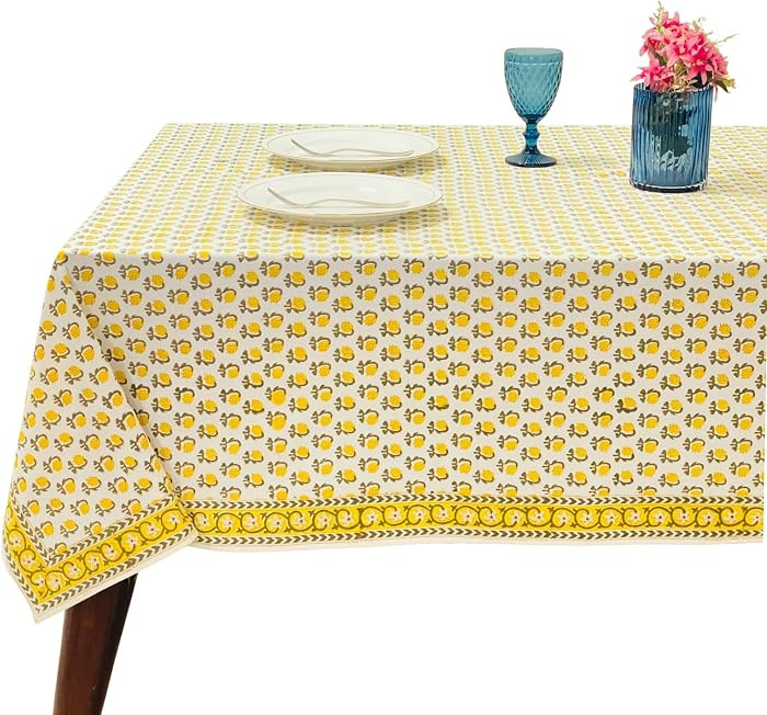 Hand Block Print Vintage Yellow Rectangle Cotton Tablecloth 102" x 48" Reusable Table Cover Decor... | Amazon (US)