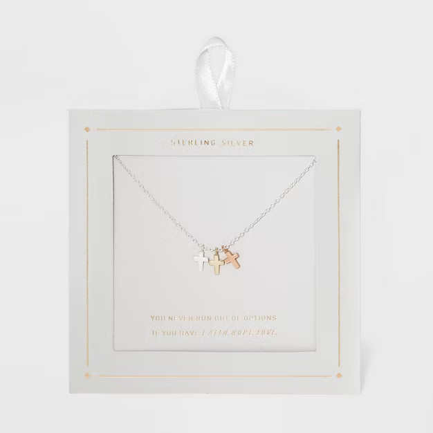 Sterling Silver Triple Cross Tri Tone Pendant Necklace - Silver | Target