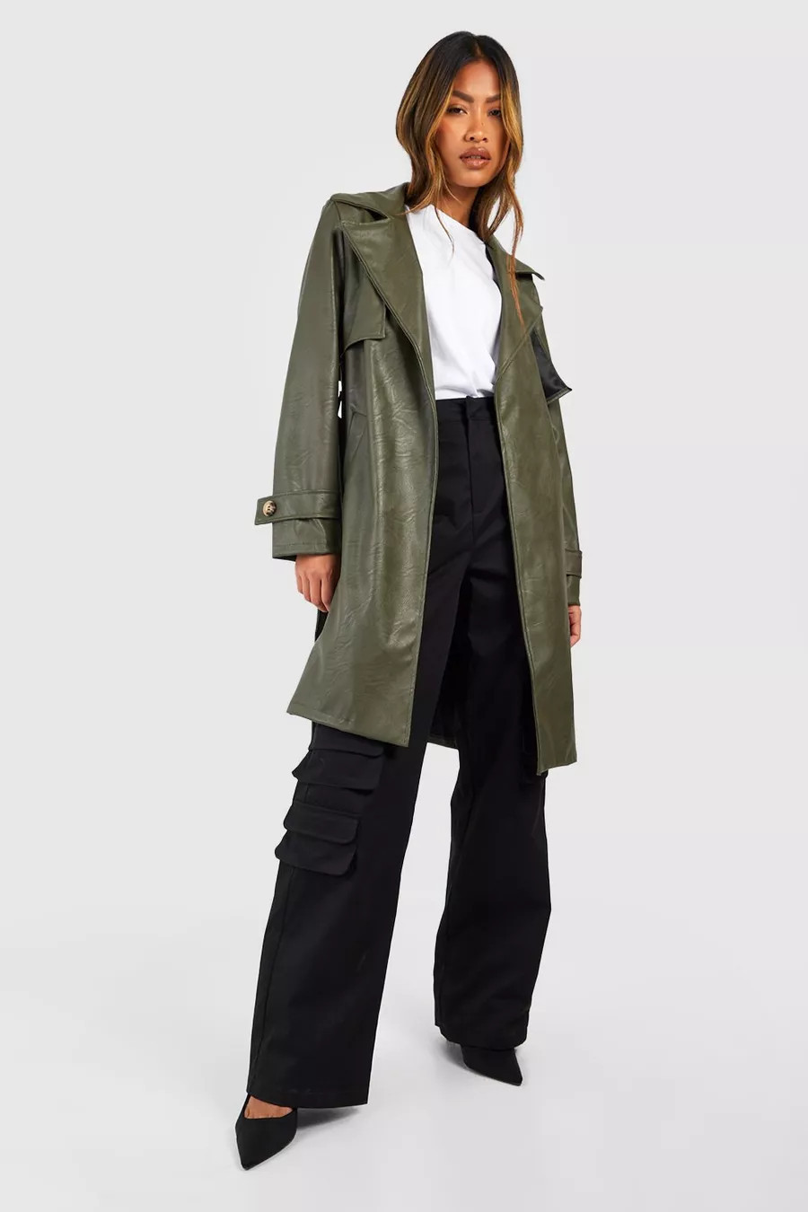Belted Short Faux Leather Trench Coat | Boohoo.com (UK & IE)