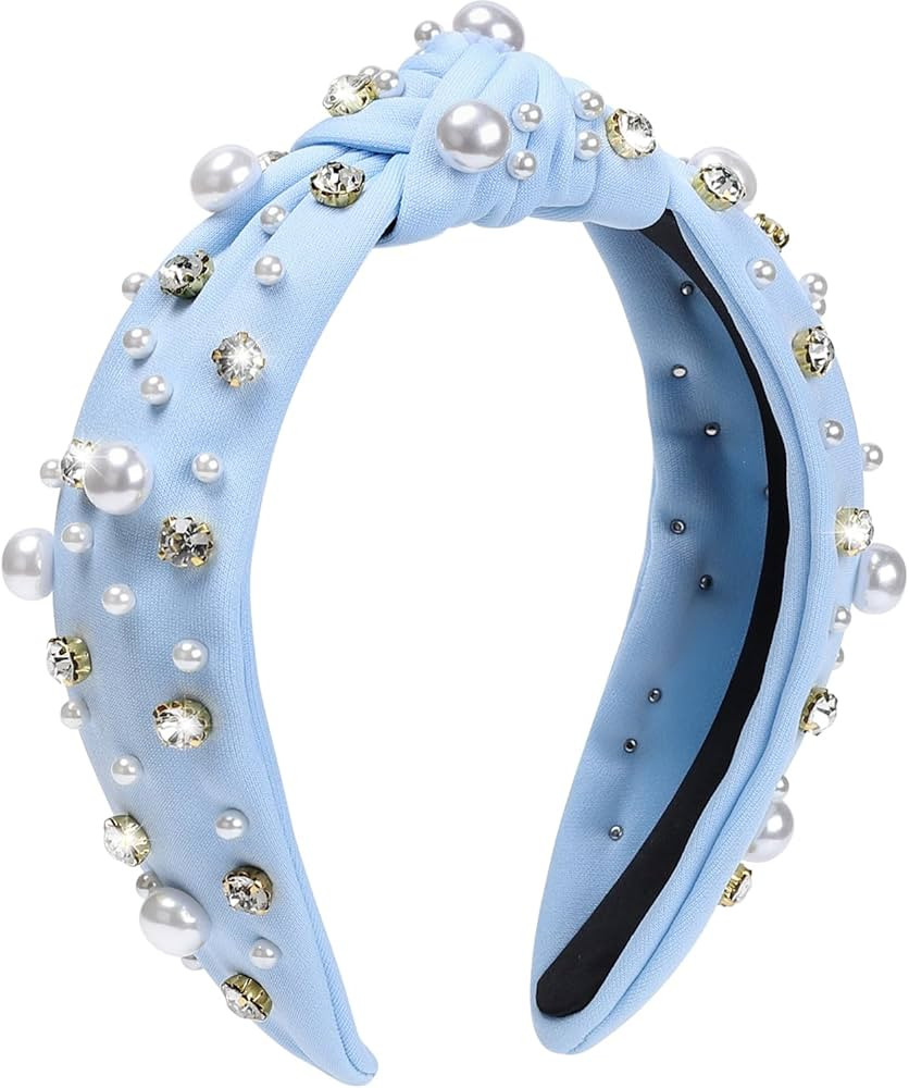 WantGor Pearl Knotted Headband, Women Rhinestone Embellished Hairband Elegant Wide Top Knot Bride... | Amazon (US)