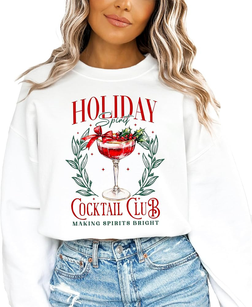 Funny Holiday Spirit Cocktail Club Sweatshirt for Women Making Spirits Bright Christmas Sweater | Amazon (US)