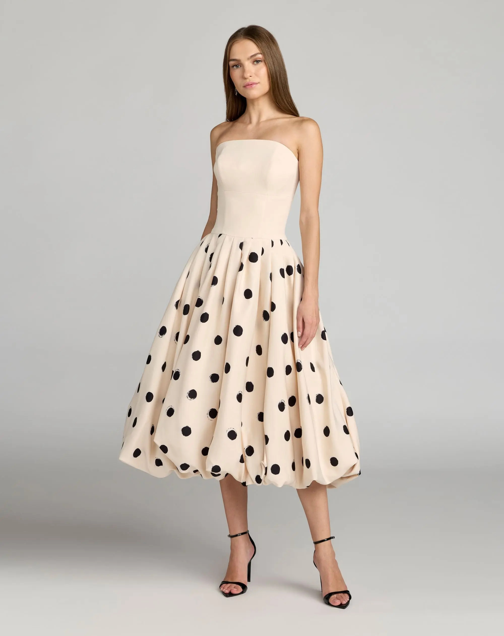 Beige Strapless Polka Dot Bubble Skirt Midi Dress | Mac Duggal | Mac Duggal