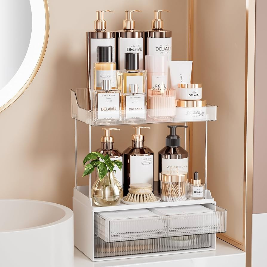 Delamu 2-Tier 2-Drawer Bathroom Organizer Countertop, Multi-Purpose Makeup Organizer Countertop, ... | Amazon (US)