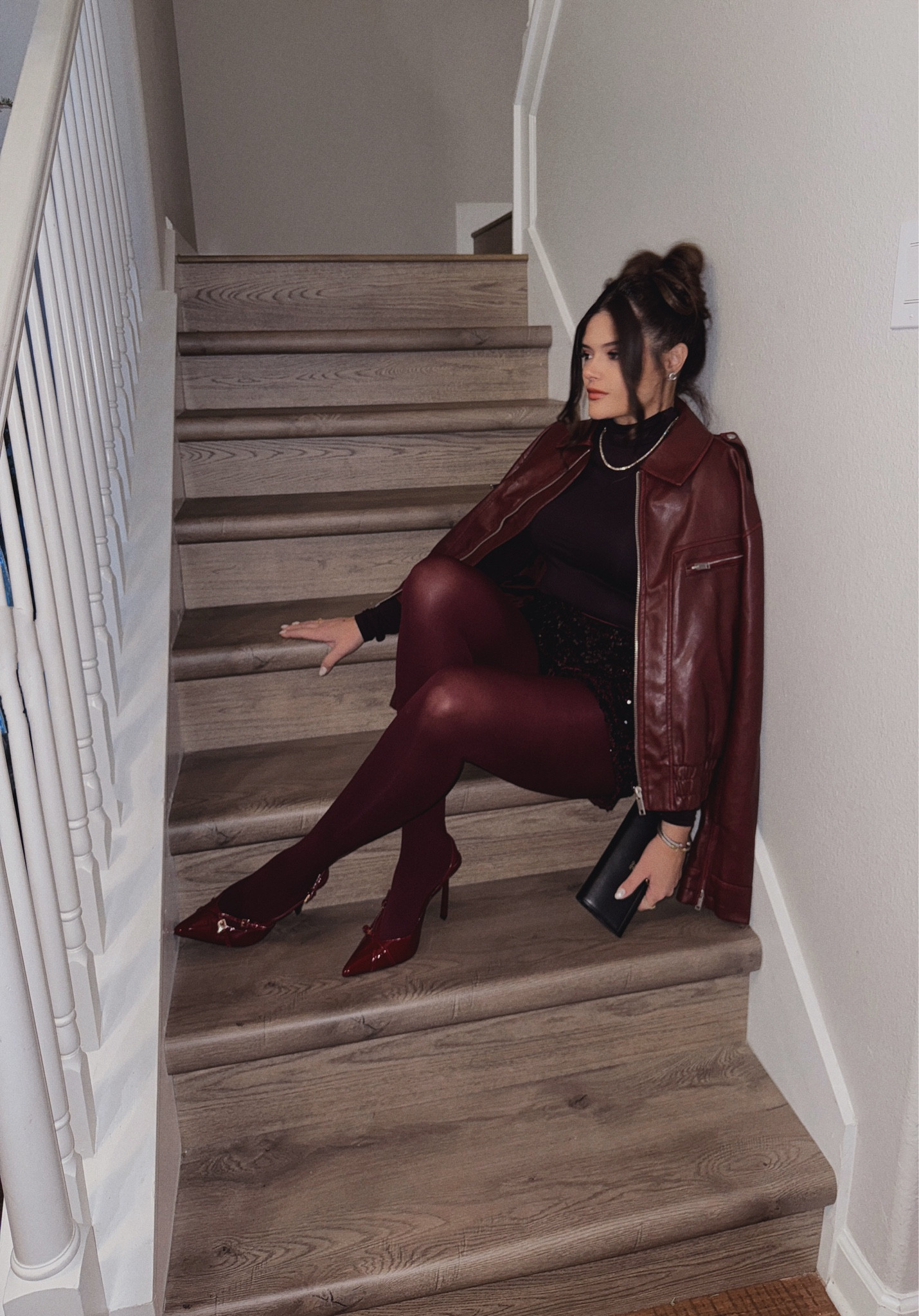 Holiday Outfit & Monochrome  Burgundy.
Sequin Shorts. Sling Back  Pumps. Leather Jacket over Tuttle neck 

#LTKMidsize #LTKParties #LTKFindsUnder100