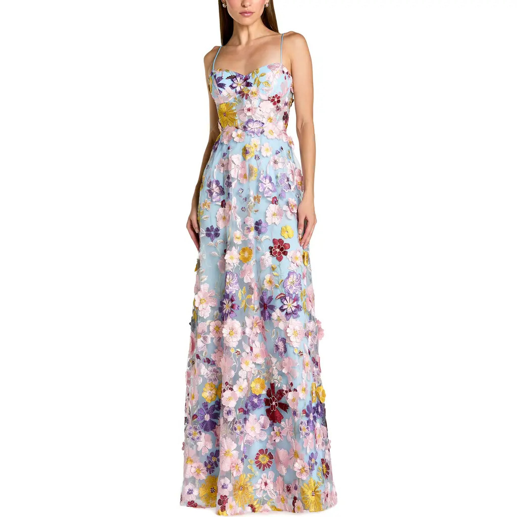 Mac Duggal Spaghetti Strap Floral Embroidered A-Line Gown in Powder Blue Multi at Nordstrom, Size 8 | Nordstrom