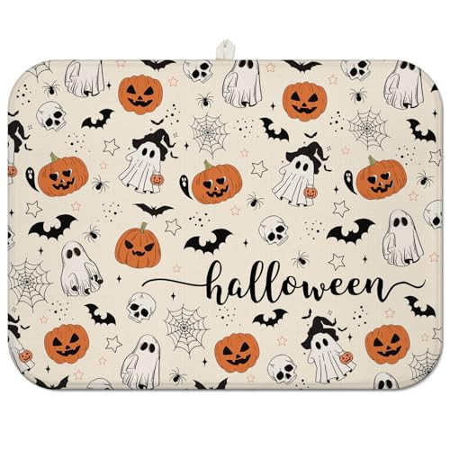 Halloween Dish Drying Mat for Kitchen Counter,Horror Halloween Pumpkin Skull Ghost Pattern Microfiber Drying Mat,Washable Absorbent Countertop Holiday Dish Mat Drain Pad,18x24Inch | Amazon (US)