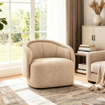 Curved Boucle Beige Accent Chair Boasts Thick Cream - Textured Cushion For Soft And Comfortable Sitting, Ergonomic Seat Extended Reading, Base Stabili | Wayfair North America