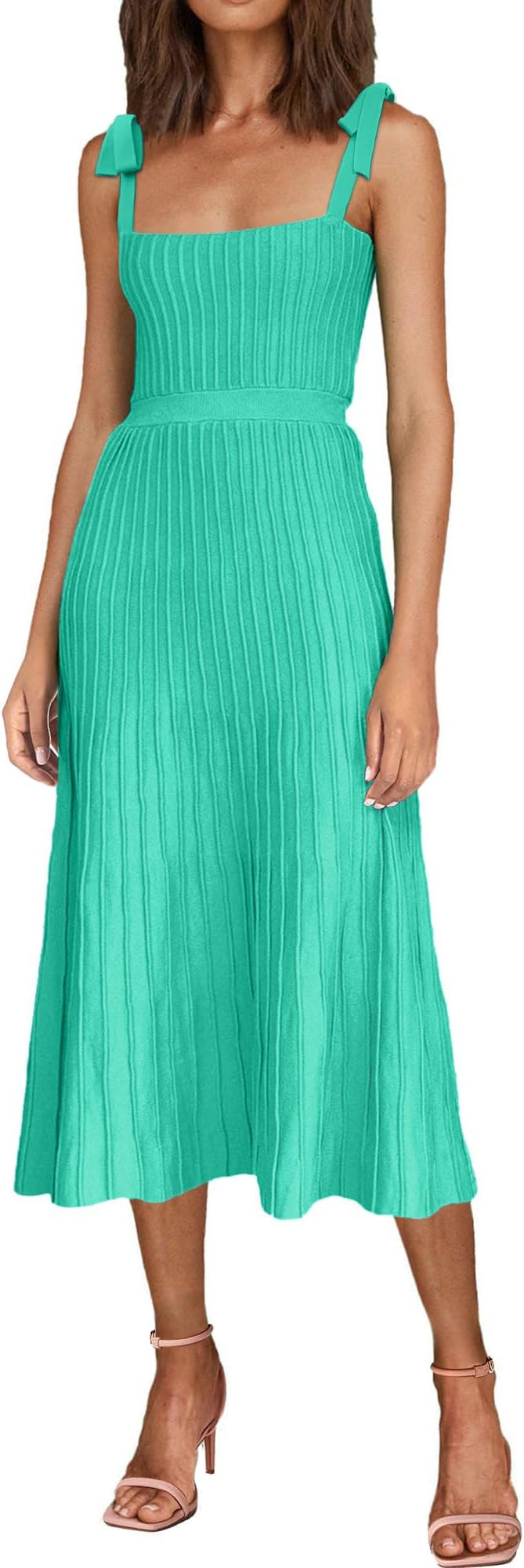 Women's 2024 Summer Maxi Dresses Tie Spaghetti Strap Square Neck Ribbed Knit Dress | Amazon (US)