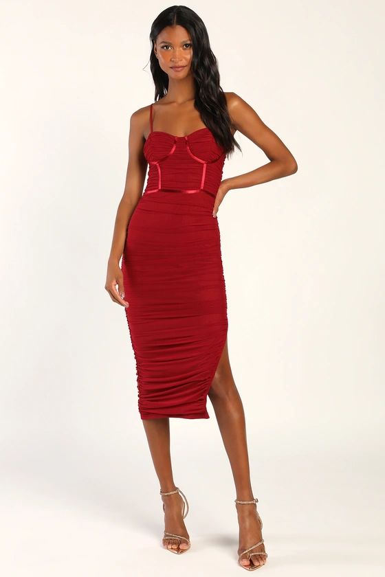 Easily Infatuated Wine Red Mesh Bustier Bodycon Midi Dress | Lulus (US)