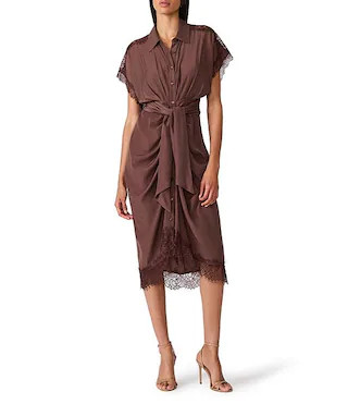 Tori Satin Jacquard Dot Collared Short Sleeve Tie Front Midi Shirt Dress | Dillard's
