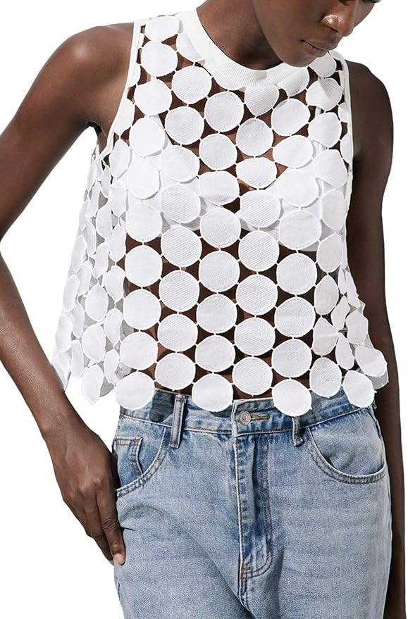 SHENHE Women's Asymmetrical Vest Top See Through Circular Embroidered Crew Neck Sleeveless Vest C... | Amazon (US)