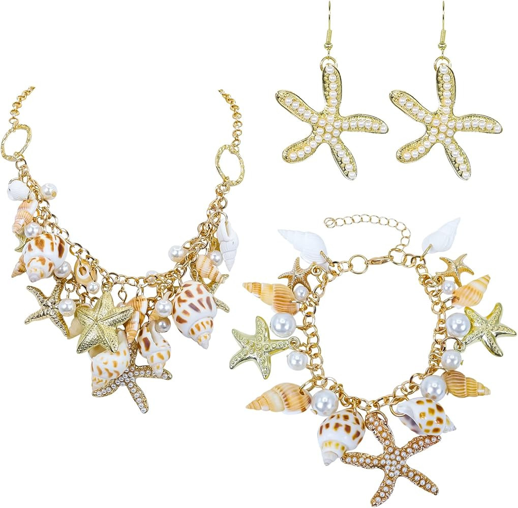 Shell Necklace Choker Mermaid Tail Necklace - Fashion Sea Shell Starfish Faux Pearl Collar Bib St... | Amazon (US)