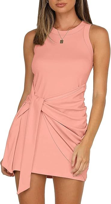 LIYOHON Women's Summer Casual Beach Sleeveless Ruched Tie Tank Bodycon Wrap Mini Dress | Amazon (US)