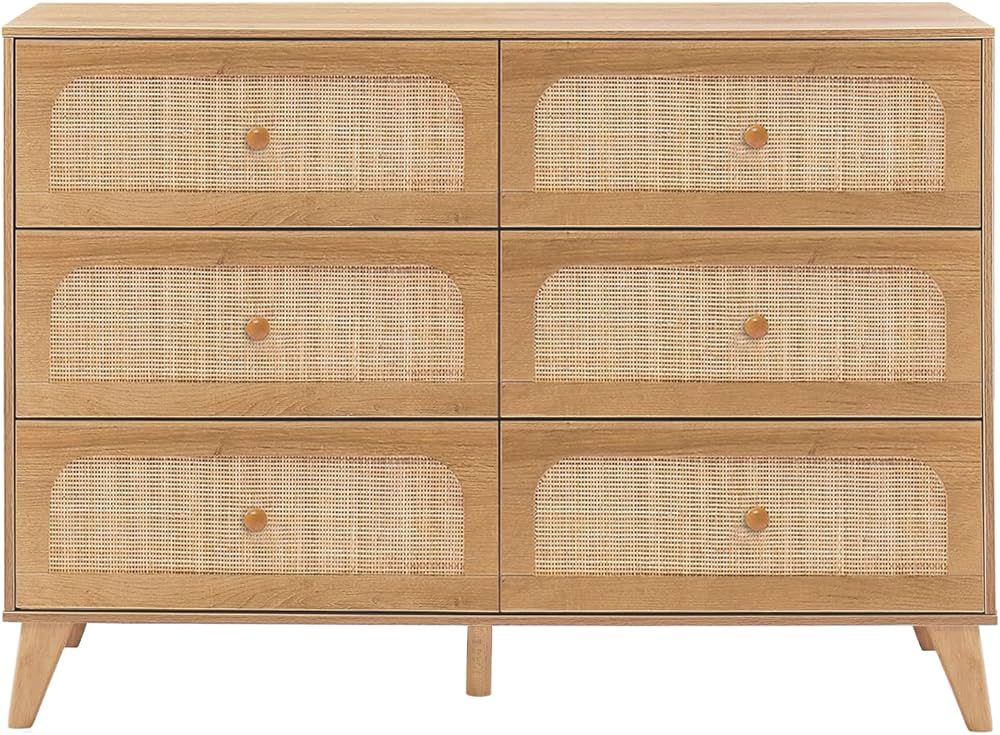 GANLLY 6 Drawer Dresser,Rattan Dresser for Bedroom, Mid-Century Modern Organizer Closet Dresser f... | Amazon (US)
