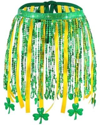 Nicute Sequins Ribbon Skirt St. Patrick's Day Outfits Tassel Skirt Clover Fringe Skirt Rave Party... | Amazon (US)