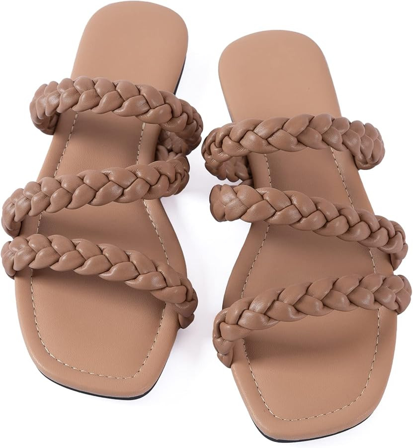 Mtzyoa Women's Sandals Casual Braided Dressy Summer Square Toe Quilted Flat Sandals | Amazon (US)