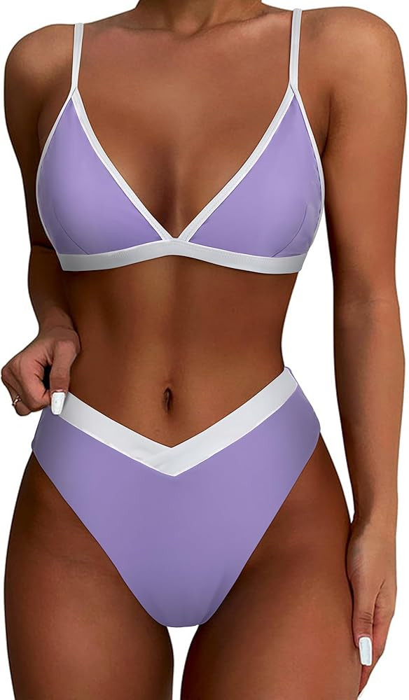 SUUKSESS Women Triangle High Cut Bikini Sets Sexy High Waisted 2 Piece Swimsuit | Amazon (US)