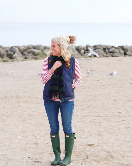 Coastal Fall ⚓️ A classic preppy look for visiting the shore and looking for beach glass. 

Puffer vest, denim jeans, striped tee, Hunter Boots, plaid scarf, fall outfit, fall style, classic style, preppy, preppy style, preppy fall, timeless style, preppy fashion, casual style, beach style, mom style

#LTKfindsunder100 #LTKSeasonal #LTKstyletip