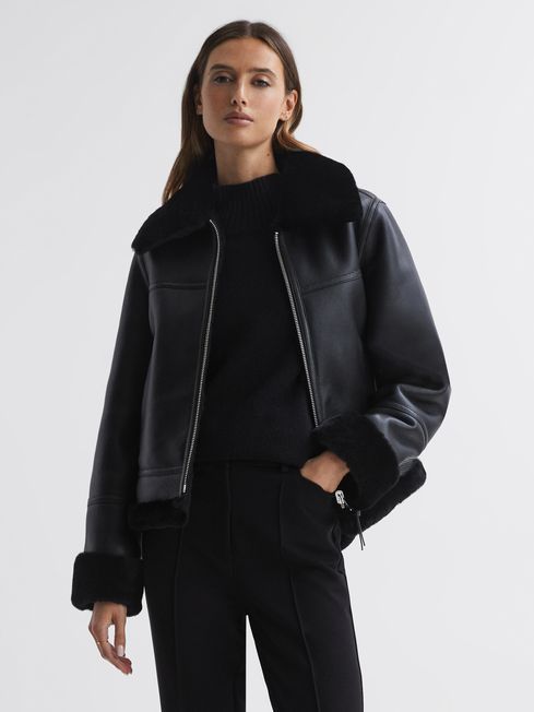 Reiss Black Melody Reversible Leather Shearling Zip-Through Jacket | Reiss US