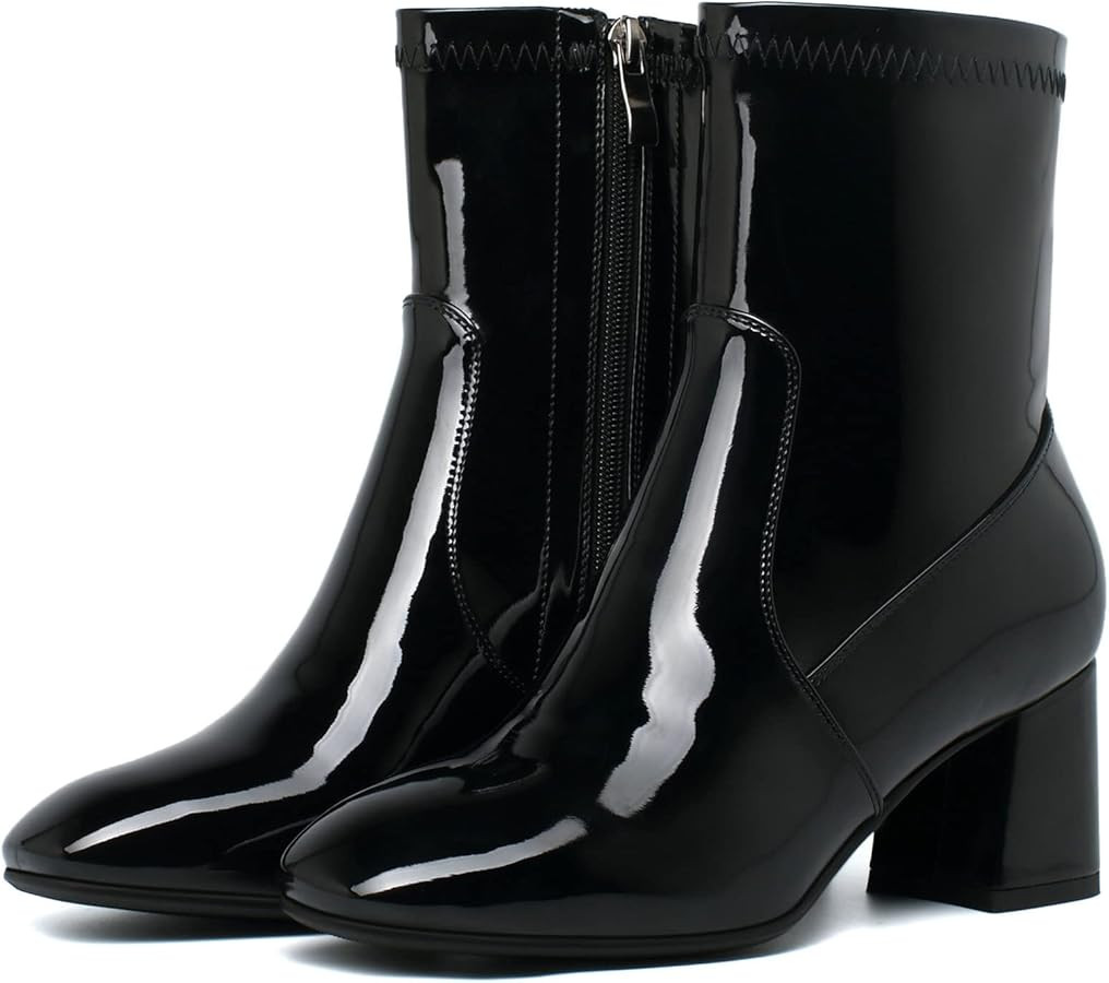 KysBloes Women Patent Leather GOGO Boots Square Toe Chunky Heel Ankle Boots Side Zip Block Heel W... | Amazon (US)