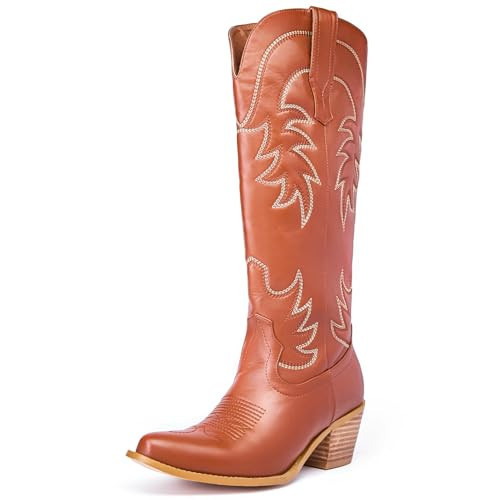 GOSERCE Brown Cowgirl Boots Knee High Cowboy Boots for Women Tall with Embroidery Western Pointed Toe Chunky Stacked Heel 2.5" Pull On Brown,11 | Amazon (US)