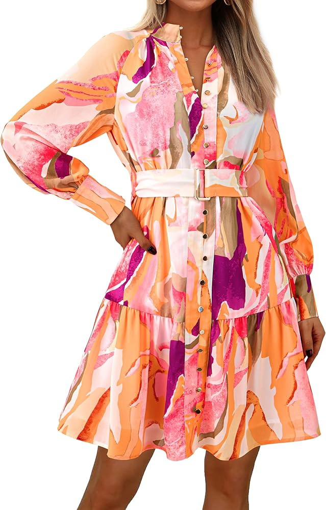 MASCOMODA Fall Dresses for Women 2024 Elegant Long Sleeve Button Short Floral Dress Chiffon A-Lin... | Amazon (US)