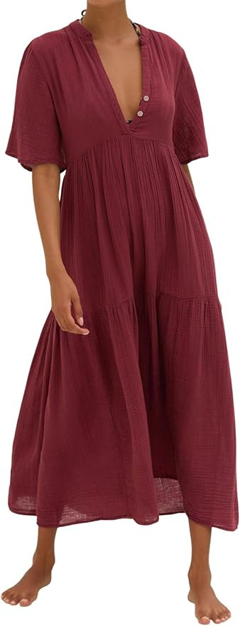 R.Vivimos Womens Summer Cotton Casual Flowy Maxi Dress | Short Sleeve, V Neck, Empire Waist, Boho... | Amazon (US)
