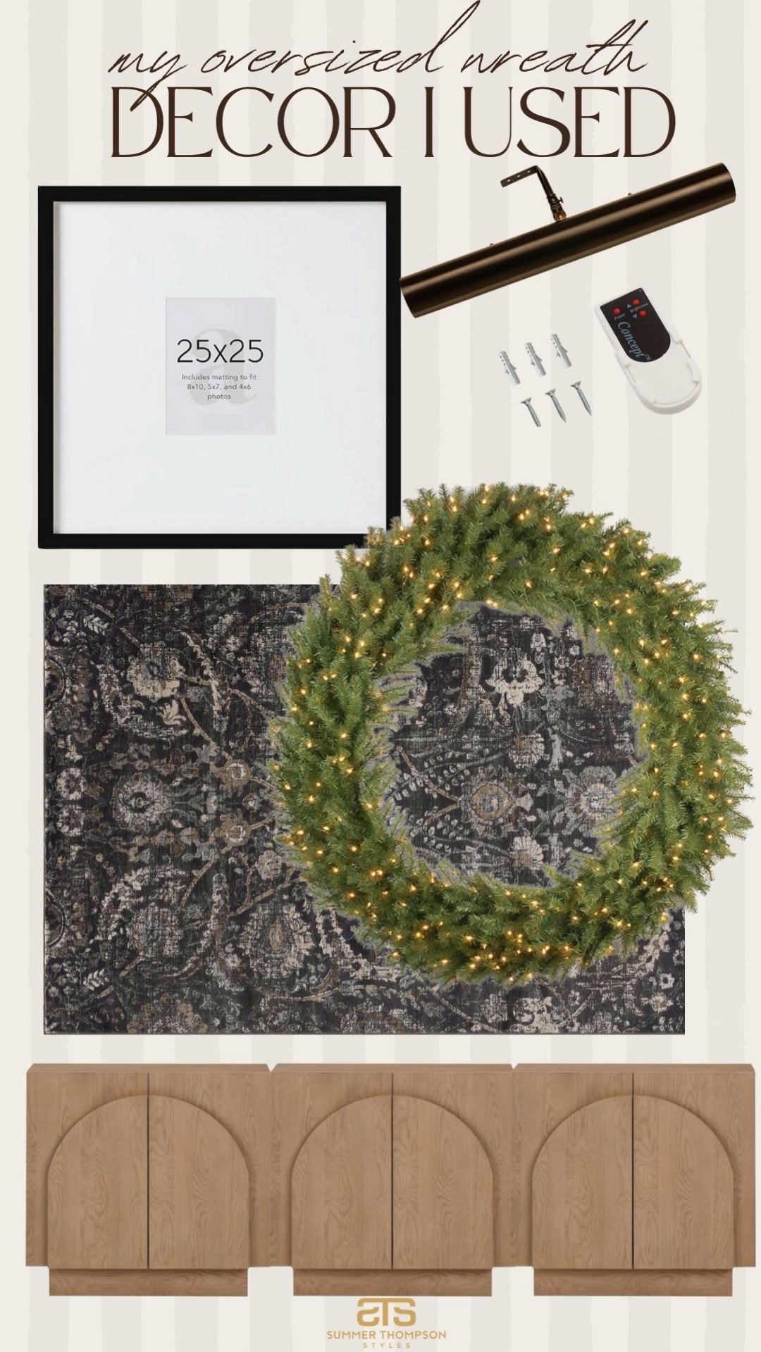 This is one of my favorite Christmas spaces in the house! 

Oversized wreath.faux greenery. Throw rug.  Console. Cabinet. Frames. Gallery light. Home decor accents. Christmas. Holiday  

#LTKHoliday #LTKSeasonal #LTKHome