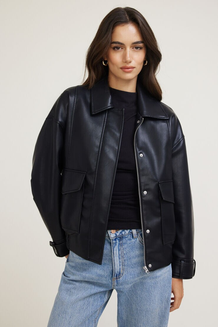 Oversized Faux Leather Aviator Jacket | Dynamite Clothing