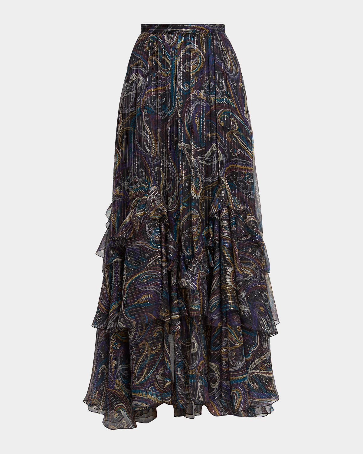 Metallic Paisley Tiered Ruffle Maxi Skirt | Neiman Marcus