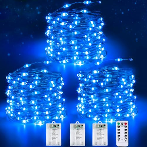 3 Pack Fairy Lights Battery Operated with Remote Control Timer, 26 FT 80 LED String Lights Outdoor Indoor Decoration, 8 Modes Twinkle Lights for Christmas Party Wedding Birthday Bedroom Décor (Blue) | Amazon (US)
