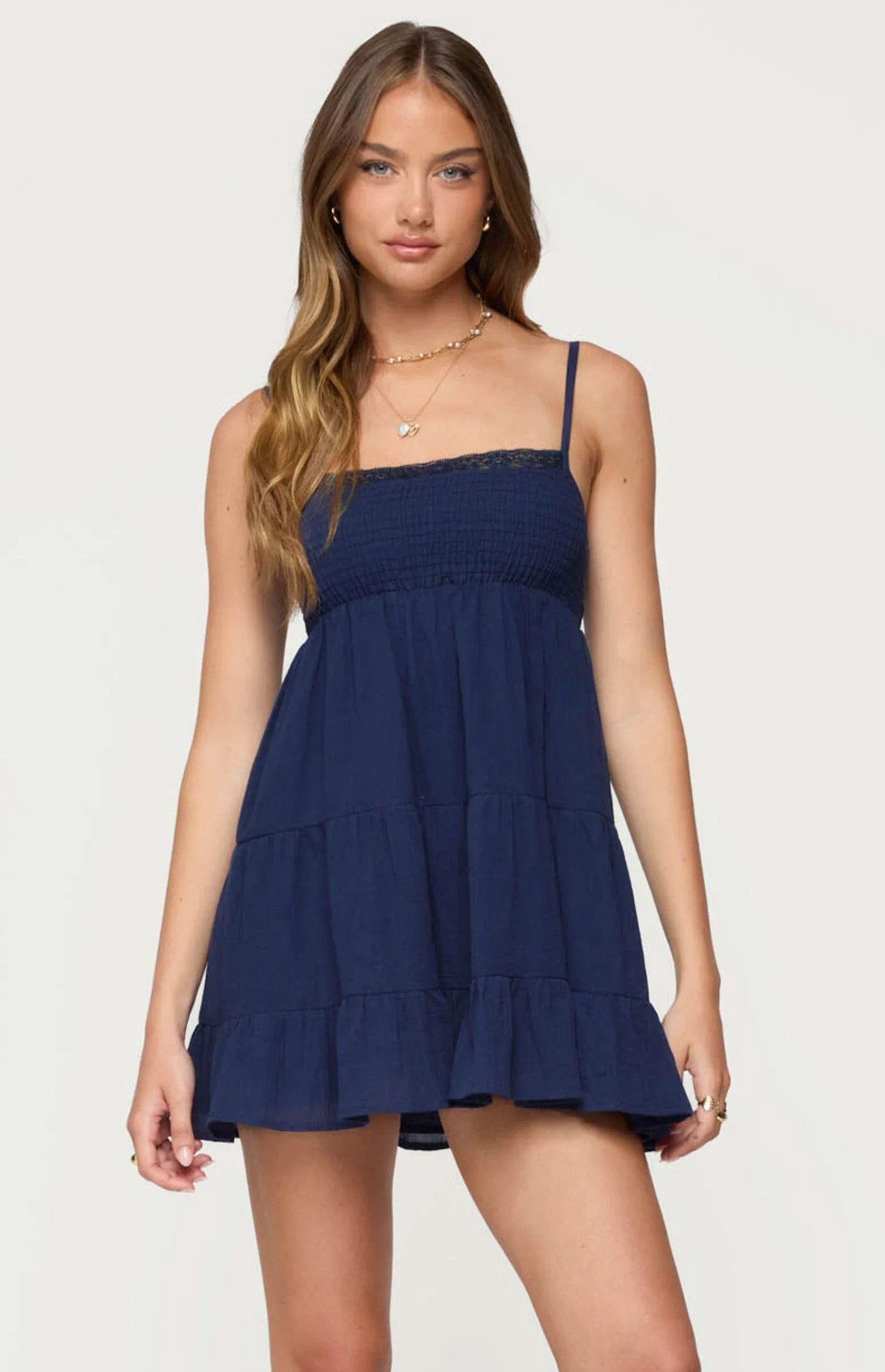 Edikted Women's Calley Scrunchy Tiered Mini Dress in Navy - Size XS | PacSun
