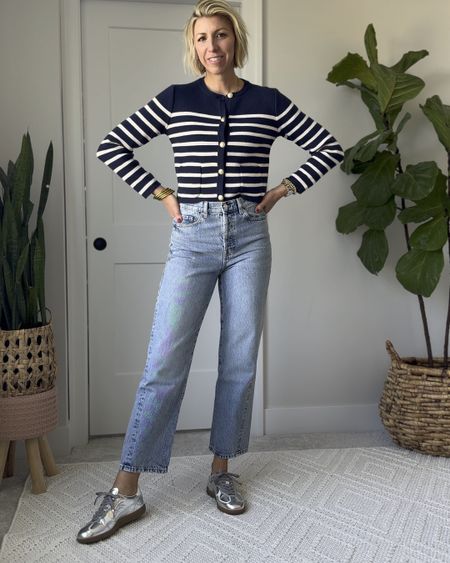 Easy & elevated jeans outfit with a stripe cropped cardigan & chic sneakers! 

I’m wearing size 6 jeans, size small cardigan 

#LTKfindsunder100 #LTKVideo #LTKover40