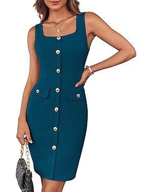 GRACE KARIN 2025 Women's Buttons Belted Square Neck Business Work Dress Sleeveless Bodycon Midi D... | Amazon (US)