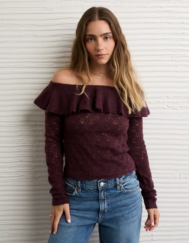AE Ruffle Off-The-Shoulder Sweater | American Eagle Outfitters (US & CA)
