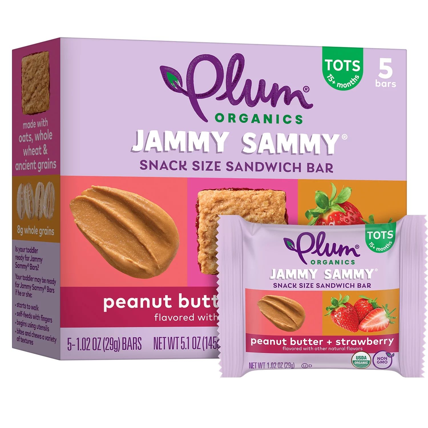 Plum Organics Jammy Sammy Snack Bars, Peanut Butter and Strawberry, 1.02 oz Bars, 5 Count | Walmart (US)