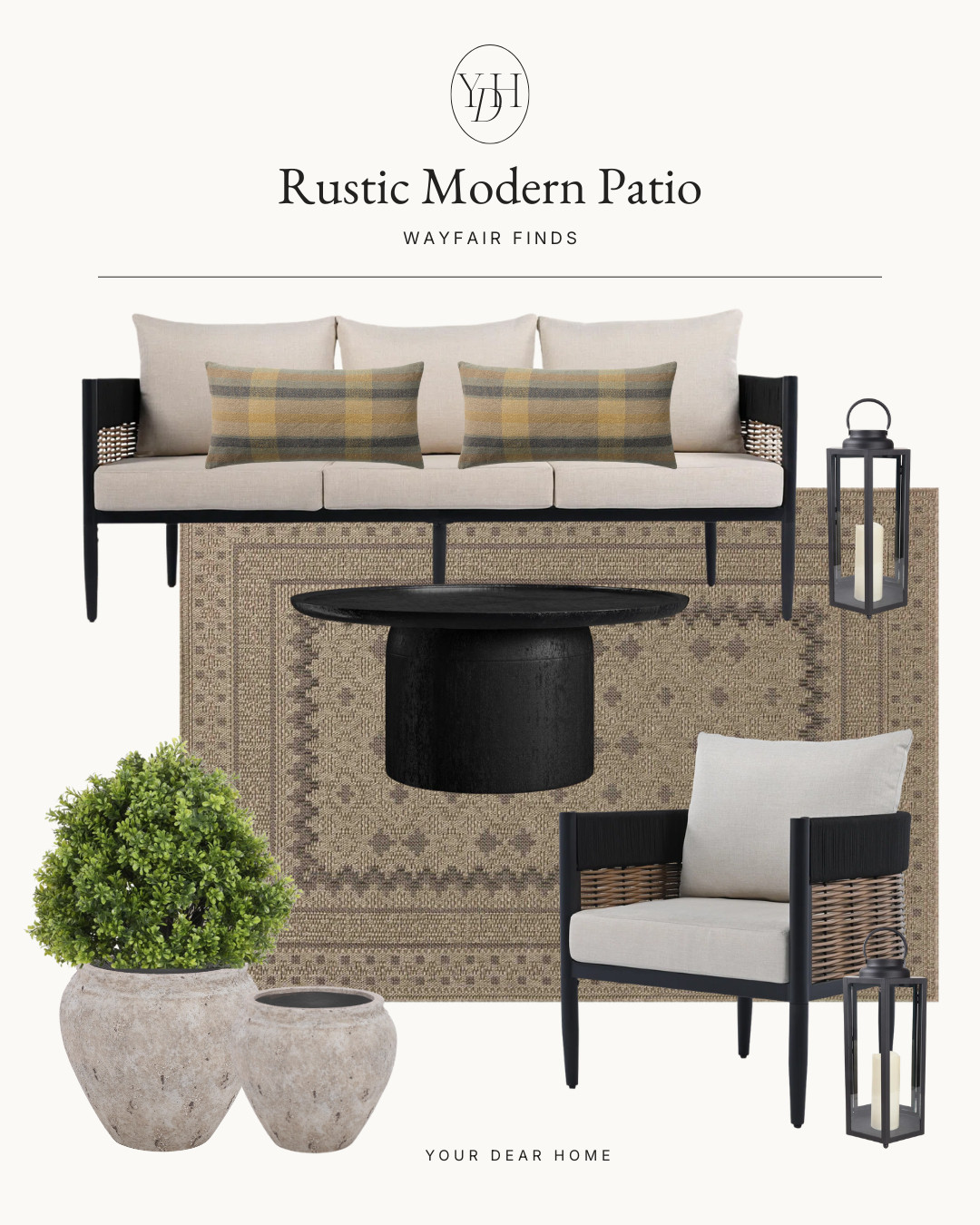 #AD, #WayfairPartner, #Wayfair, @wayfair

If you love a patio that feels warm, grounded and a little bit elevated, this one is for you 🤎 The mix of black accents, woven textures and soft neutral cushions gives this space that designer “collected over time” feel without trying too hard. The plaid pillows add just enough pattern and coziness for spring and summer hosting. 

 #LTKSeasonal #LTKHome