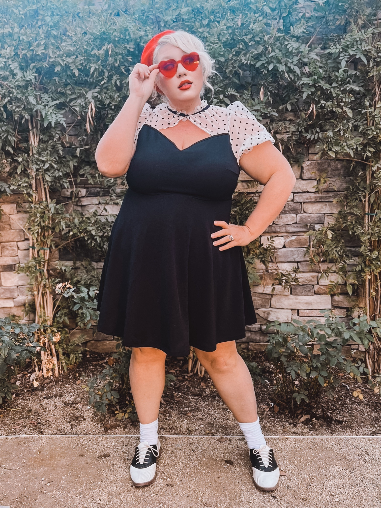 Polka dot dress
saddle shoes
beret
heart sunnies

#LTKMidsize #LTKPlusSize #LTKFindsUnder100