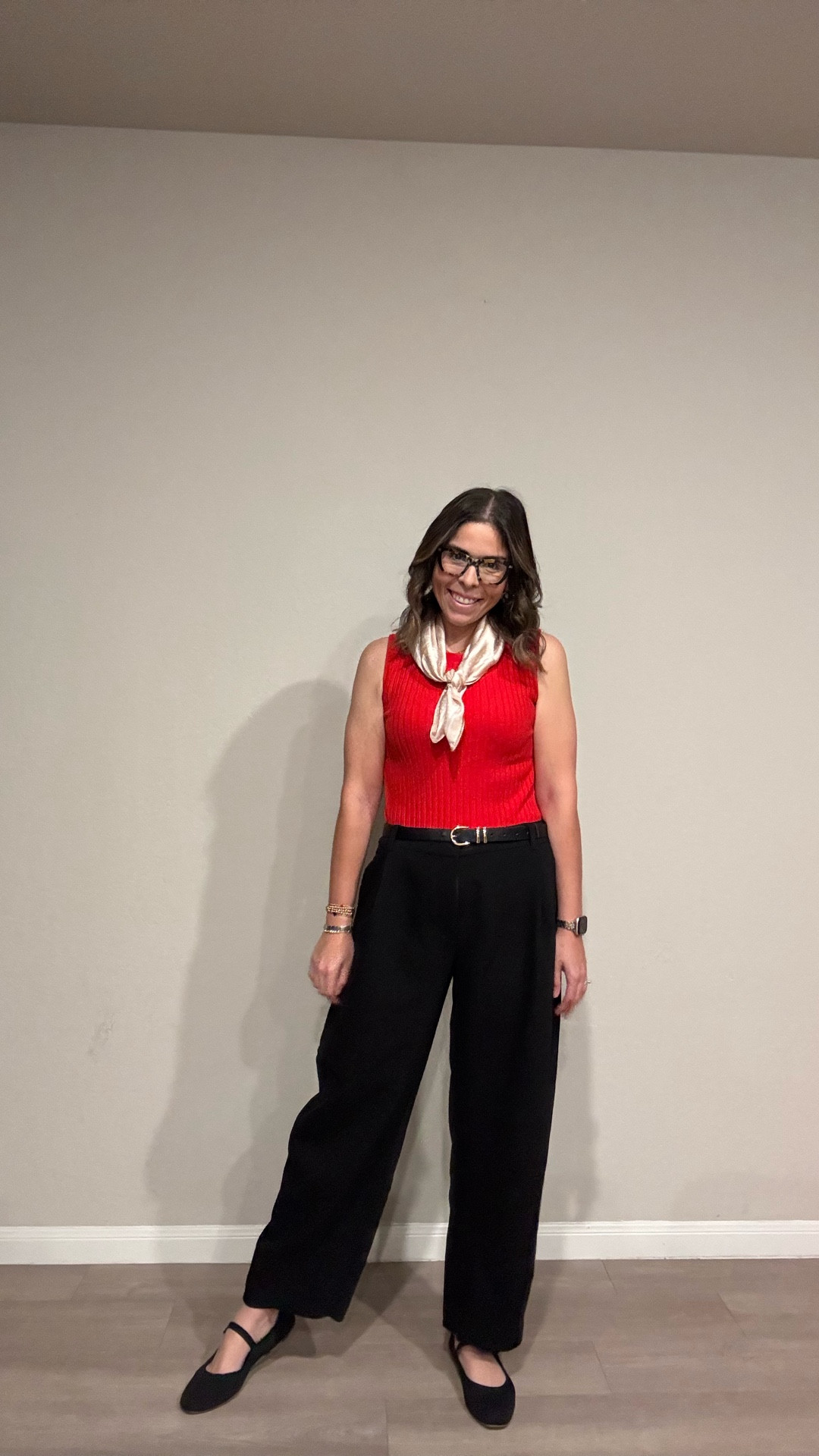 Work event ready 🖤 Black pants + red top for the perfect power combo, and yes, the bandanna is doing the most. #workday #corporatemom 

#LTKMidsize #LTKootd #LTKdayinmylife