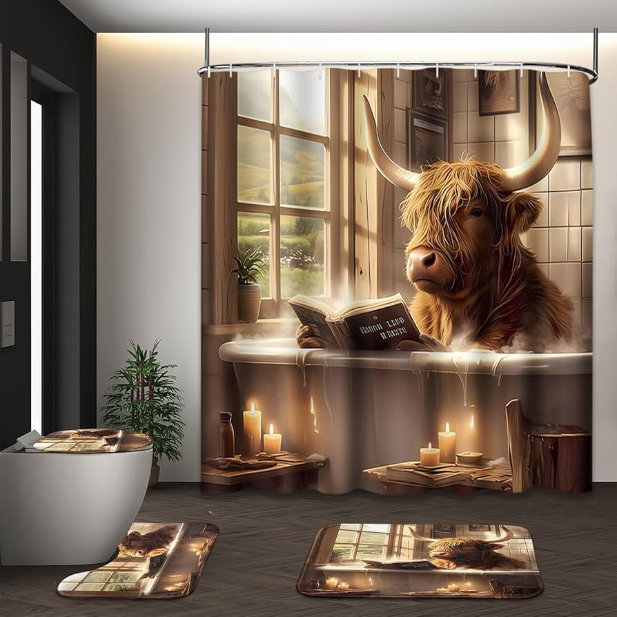 Tayney Highland Cattle Cow Shower Curtain Set with Toilet Lid Cover and Non-Slip Rugs, Funny 4 Pc... | Amazon (US)