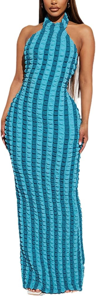 Ryehack Backless Women Summer Bubble Lattice Stripe Dress Sleeveless Y2K Bodycon Party Club Maxi ... | Amazon (US)