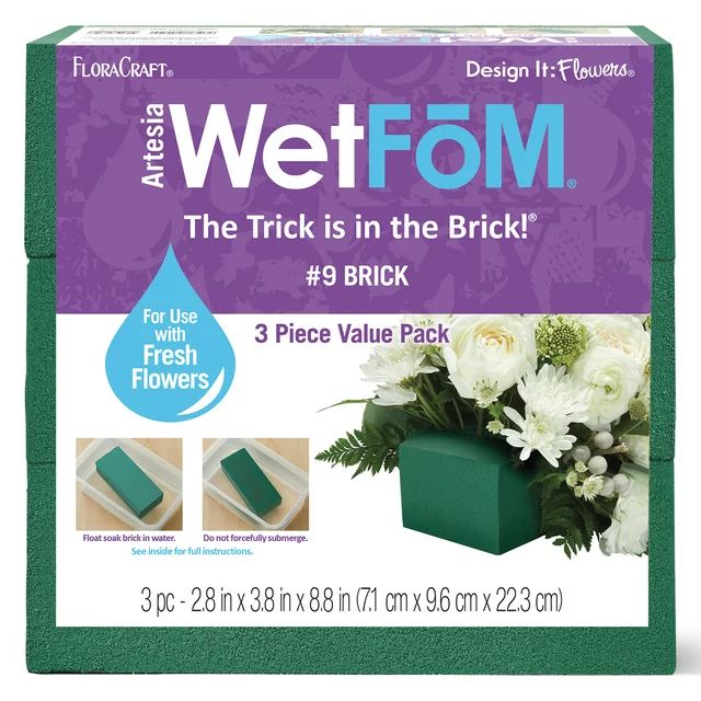 FloraCraft Floral Artesia WetFōM 3 Piece Brick 2.8 inch x 3.8 inch x 8.8 inch Green | Walmart (US)
